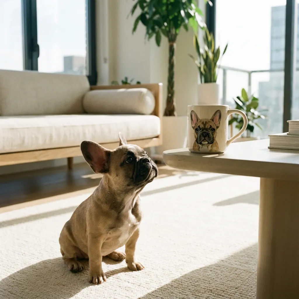 Buldog francuski z kubkiem