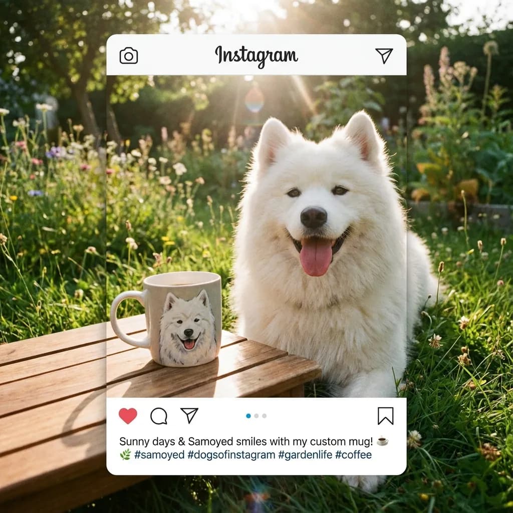 Samoyed z kubkiem w ogrodzie